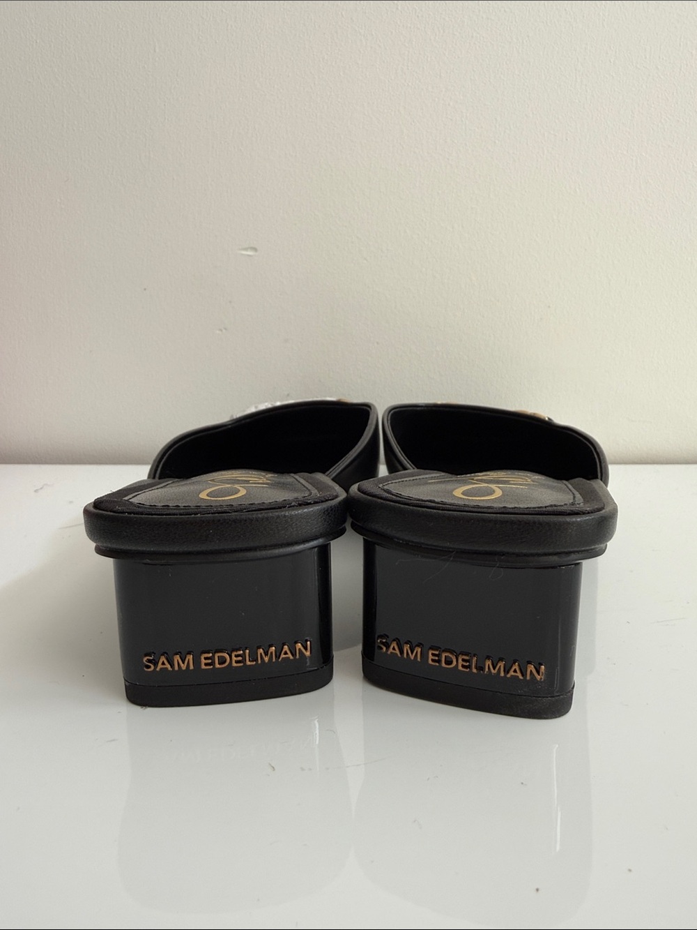 Sam Edelman Black Leather Square-Toe Mules with Gold Accents - Picture 2 of 7